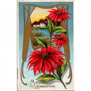 Original Vintage 1911 CHRISTMAS Postcard Embossed Flowers Farm Scene