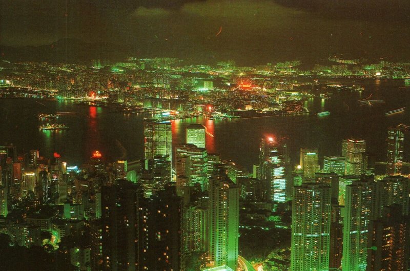 VINTAGE CONTINENTAL SIZE POSTCARD NIGHT VIEW OF HONG KONG AND KOWLOON PENINSULA