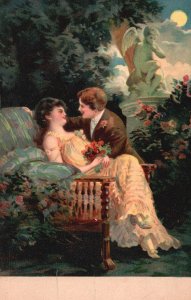 Vintage Postcard Lovers Couple Little Cupid Moonlight Sweet Romance Couch