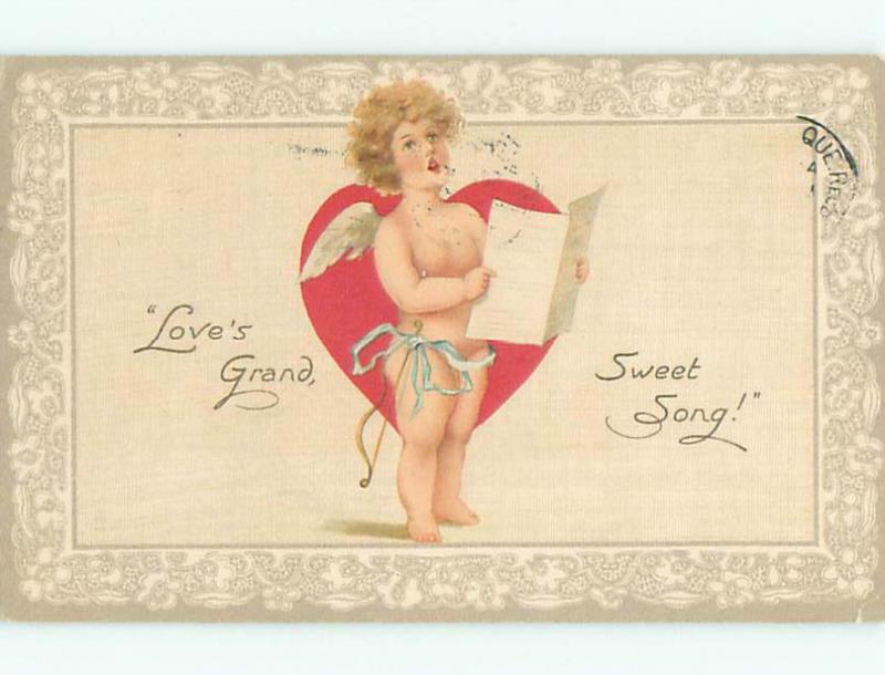 Pre-Linen valentine CUPID SINGING FROM SHEET MUSIC J0967