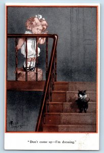 Fred Spurgin Artist Signed Postcard Cute Cat Kitten Climbing Stairs c1910's