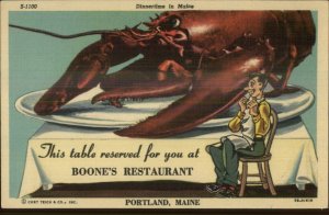 Giant Lobster Portland ME Boone's Restaurant Adv LINEN Postcard Curt Teich