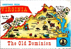 CONTINENTAL SIZE POSTCARD ANIMATED PICTORIAL MAP OF VIRGINIA THE OLD DOMINION