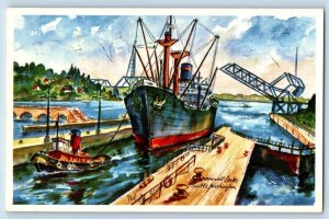 Ted Lewy Signed Postcard Government Locks Steamer Seattle Washington WA Vintage