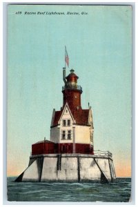 1913 Racine Reef Lighthouse US Flag Building Racine Wisconsin Antique Postcard