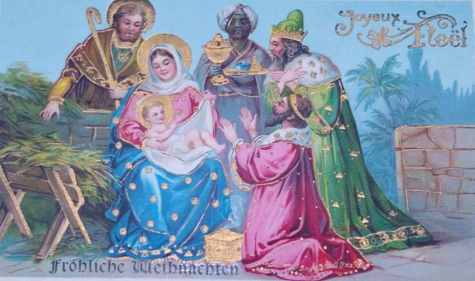 Vintage Christmas Postcard Jesus Mary Joseph Wise Men Nativity Gold Gilt Gel Africa