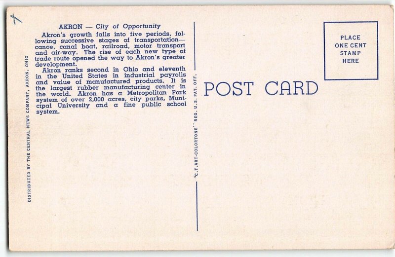AKRON, OHIO Large Letter Linen Postcard, Curteich 1937 - Goodyear Blimp