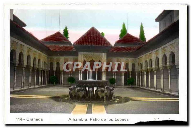 Postcard Old Granada Algambra Patio De Los Leones Lions Lion