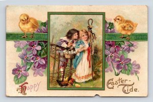 A Happy Easter Tide Children Chicks Eggs Flowers Embossed 1910 DB Postcard K14