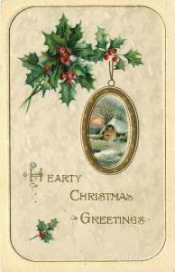 Christmas, Hearty Christmas Greeting, Holly, Snow Scene,Embossed, Series No 2540
