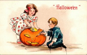 Early Vintage Halloween Postcard Adorable Children,Pumpkin,JOL Postmark 10/31/08