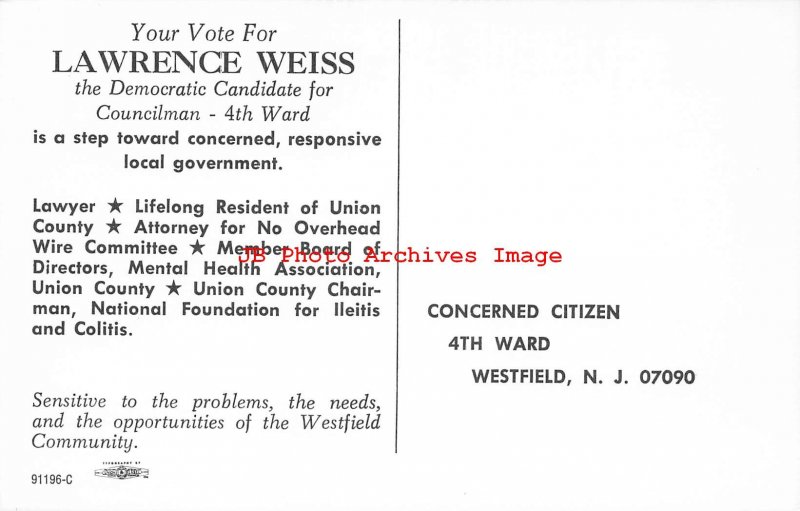 340411-Political Advertising Postcard, Lawrence Weiss, Westfield NJ