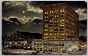 Vtg Indianapolis Indiana IN Traction Terminal Station Night Scene View Postcard