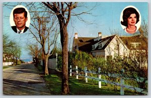 Patriotic~Cape Cod MA~President Kennedys Summer Home W/ Portraits~Vtg Postcard