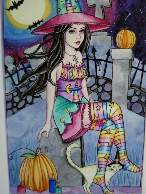 Halloween Postcard Nikki Burnette Graveyard Witch Cat Kamaria 2012 Limited To 35 