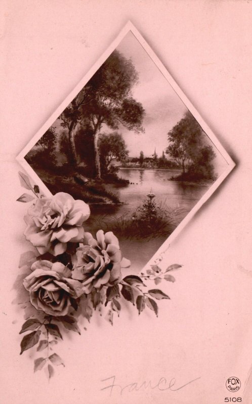 Vintage Postcard 1910's Flowers Diamond Water Lake Trees Nature Scene Artwork