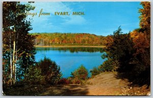 Vtg Greetings from Evart Michigan MI Reflections on Lake Fall Colors Postcard