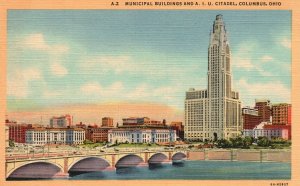 Vintage Postcard 1920's Municipal Buildings and A.I.U. Citadel Columbus Ohio