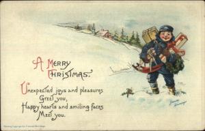 Christmas - Boy w/ Gifts in Snow - Brundage c1910 Postcard