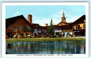 SUN VALLEY, Idaho ID ~ Horseback Riders CHALLENGER INN VILLAGE 1940s  Postcard