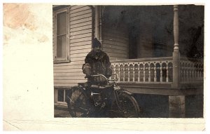 RPPC Postcard Man w Motorcycle Front of Home 1913 Harcourt