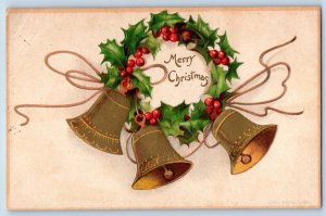 Ellen Clapsaddle Signed Postcard Christmas Wreath Berries Ringing Bell Embossed