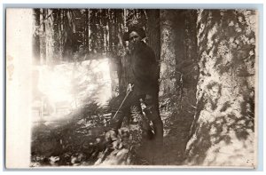 Camping Postcard RPPC Photo Hunting In Forest Man With Rifle c1910's Antique