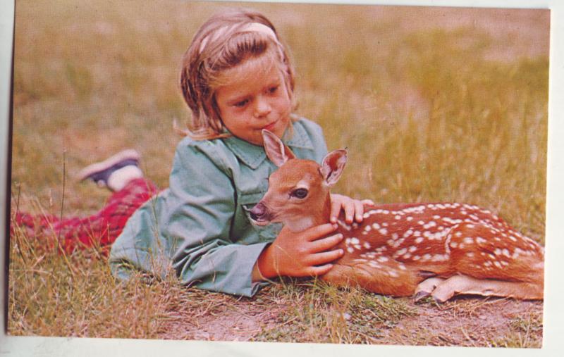 P835 vintage young girl and fawn, beauty and the warmth of friendship