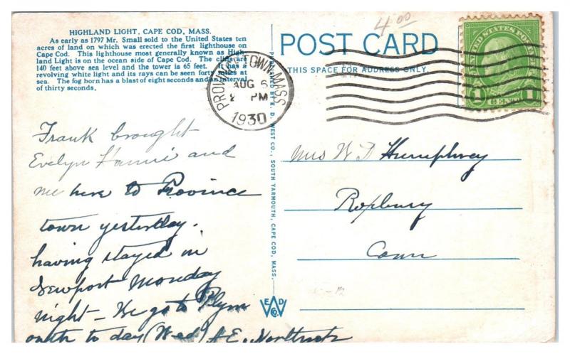 1930 Highland Light, North Truro, Cape Cod, MA Postcard