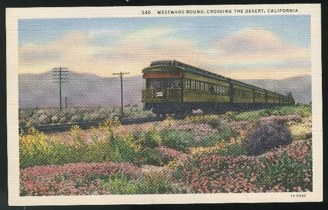 California Train Westward Bound Crossing the Desert Vintage 1936 Linen Postcard