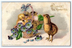 1908 Easter Chicks In Basket Pansies Flowers Embossed Posted Antique Postcard