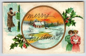 Christmas Postcard US Mailbox Women Man Winter Scene  Country Cottage Unused