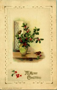 Holly Berries in Vase Window Birds Winsch Back 1913 Christmas Postcard