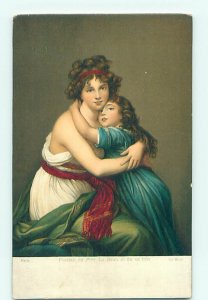 Pre-Linen signed LE BRUN - CUTE GIRL AND PRETTY MOM HUGGING EACH OTHER HJ4368
