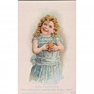 DOUGHERTY'S NEW ENGLAND MINCE MEAT - Victorian Trade Card - Cute Girl Blue Dress