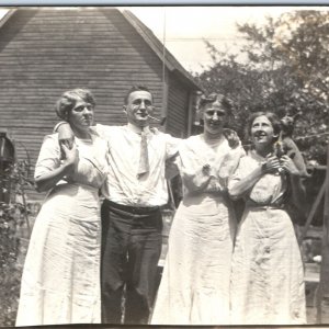 c1910s Young Man w/ 3 Women RPPC Smoking Pipe Girl Puppy Dogs Real Photo PC A126