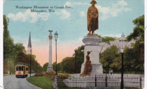 Wisconsin Milwaukee Trolley At Washington Monument On Grand Avenue 1914