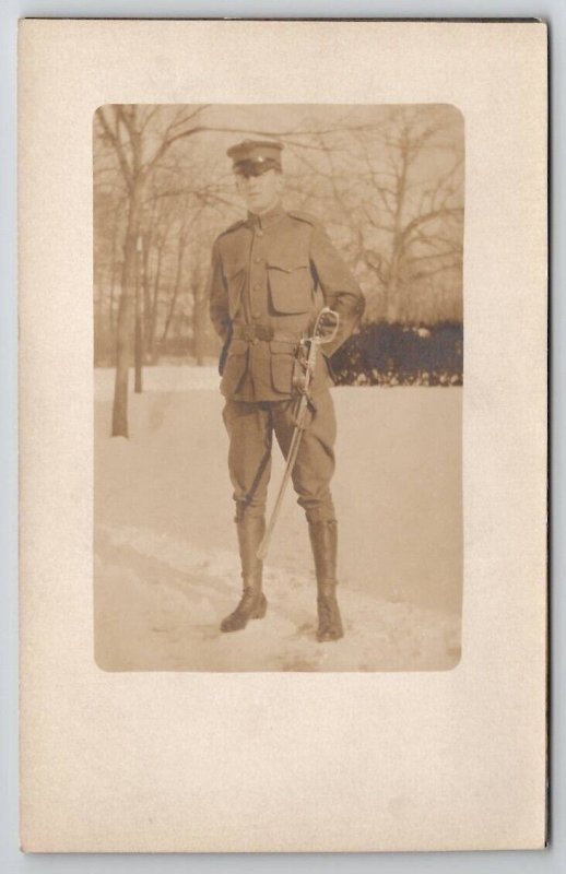 Handsome US Soldier In Uniform With Sword RPPC Real Photo Postcard P24