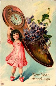 Gel New Year Postcard Child Holding Giant Shoe with Clock and Purple Flowers