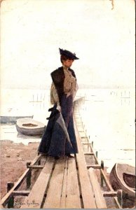 Woman on Dock, Tucks 660 Seaside Gems Vintage Postcard V55