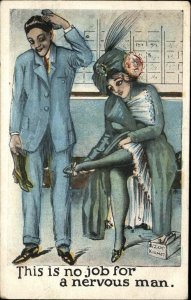 Shoe Salesman with Beautiful Woman Risque Humor Vintage Postcard