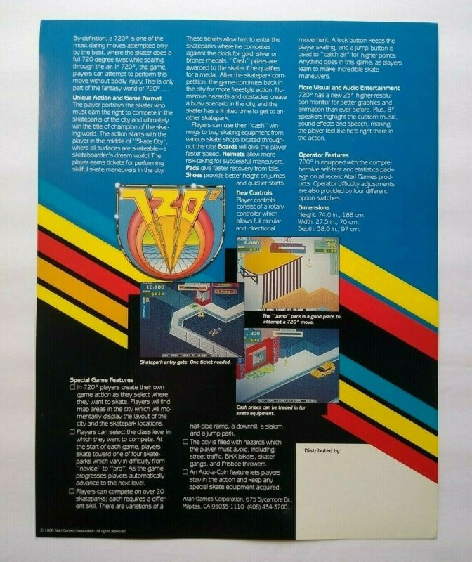 Atari 720 Arcade FLYER Original Retro Video Game 1986 Skateboard Art Print Sheet