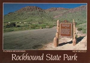 New Mexico Rockhound State Park Entrance Sign Showing Florida Mountains
