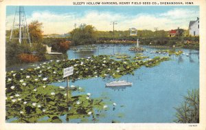Sleep Hollow Gardens Pond Henry Field Seed Co Shenandoah Iowa linen postcard