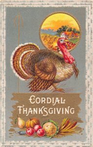 Thanksgiving Greeting Turkey 1921 House Landscape Harvest embossed postcard B988
