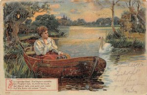 WOMAN ROW BOAT DUCK GEESE AUSTRIA STAMP HOLD TO LIGHT NOVELTY POSTCARD 1900