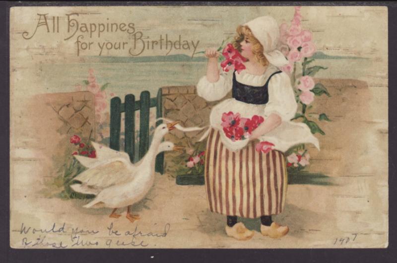 Happiness For Your Birthday,Dutch Girl,Geese Postcard