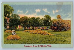 Dallas Wisconsin WI Postcard Greetings Field Horse Farming 1940 Vintage Antique