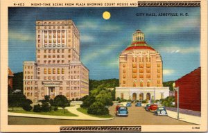 Postcard NC Asheville -Night Time  Court House and City Hall