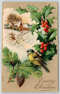 Christmas~Country Home~Yellow Breast Bird on Pine Cone Holly Berry~Emb~Germany